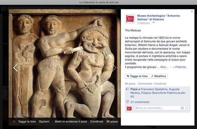  Fig. 4: Post on Facebook with the Metope portraying of Perseo severing the head of the Gorgon Medusa in the presence of Athena (originally from the Temple C of Selinunte, 530 b.C.)