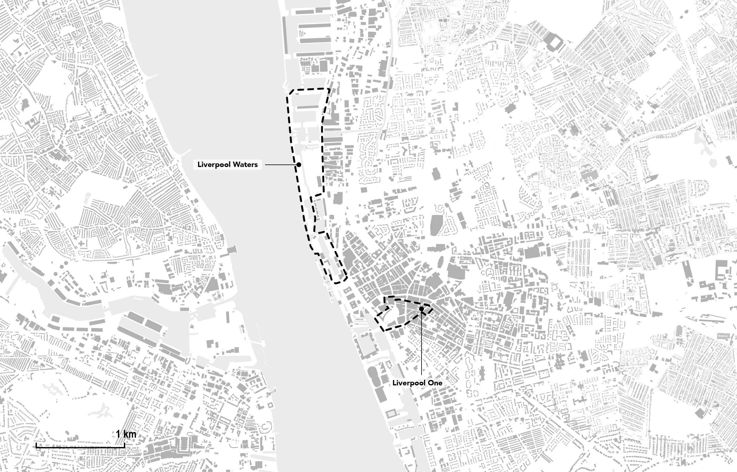 Map showing the boundaries of the Liverpool One and the Liverpool Waters developments (source: author).