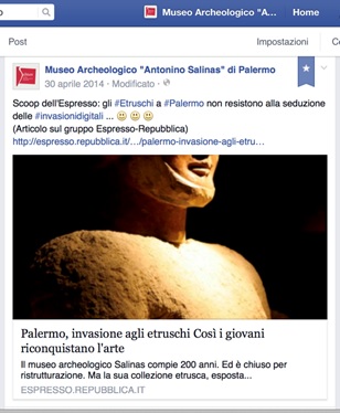  Fig. 2: Post on Facebook sharing the article published on the magazine “Espresso” of Repubblica on the “Etruscan in Palermo” exhibition’s renewed visibility.