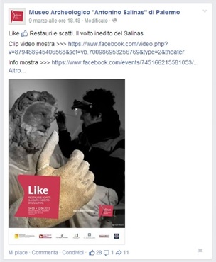Fig. 3: Post on Facebook announcing the beginning of the restoration of the pieces for the exhibition “like. Restoration and shutter click. The unknown face of the Salinas” (photo: Zeus on throne, from the site of Solunto, II sec. b.C.)