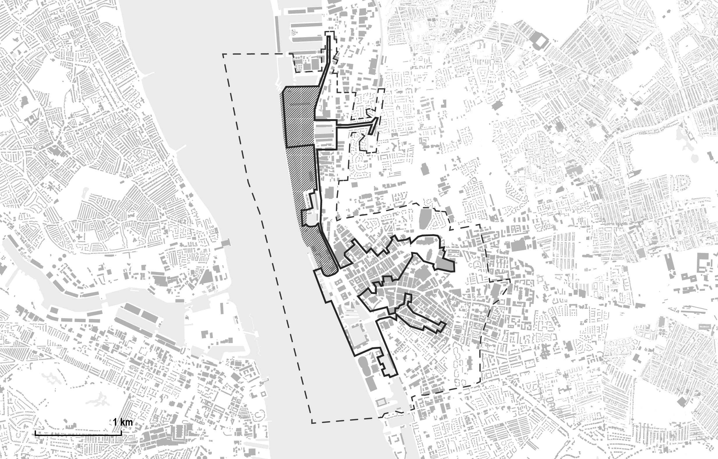 Map showing the boundary of the Liverpool Waters development (grey dash) overlapping the Liverpool UNESCO World Heritage Site (solid black line) and buffer zone (black dash line) (source: Jones, 2020).