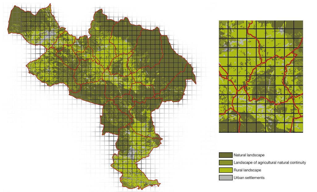 Fig. 7 Example of spatial planning grid: the parameters chosen are the different landscapes present in the territory. The grid immediately helps to notice the high amount of natural landscape in comparison to an almost non-existent built landscape. The environmental value of this area is still confirmed.